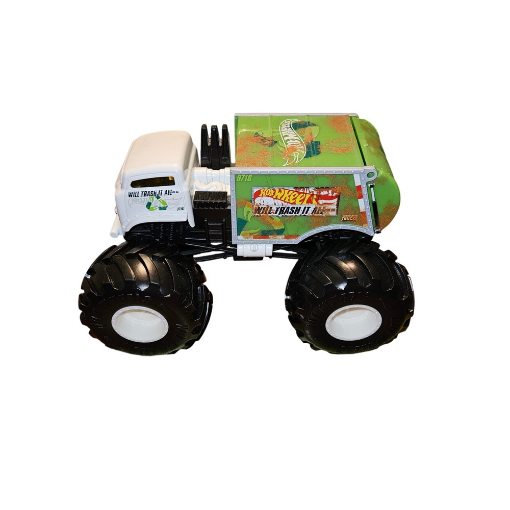 Hot Wheels Monster Trucks Will Trash It All Garbage Truck White Green 1:24 Scale